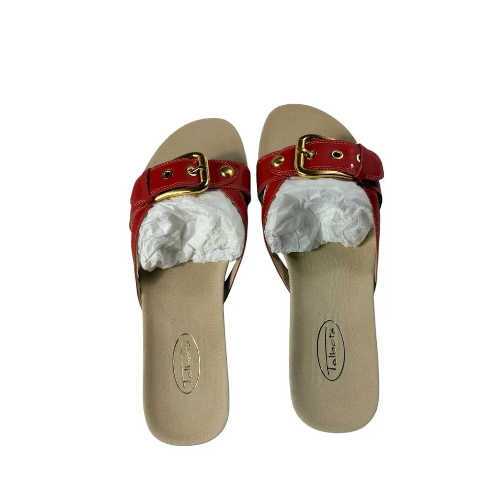 Talbots Penelope 4 Tomato Red Leather Buckle Slide Sandals 9.5 W Made in Brazil